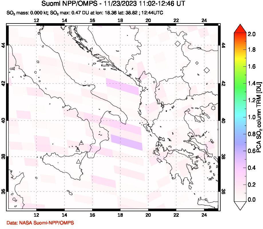 A sulfur dioxide image over Etna, Sicily, Italy on Nov 23, 2023.