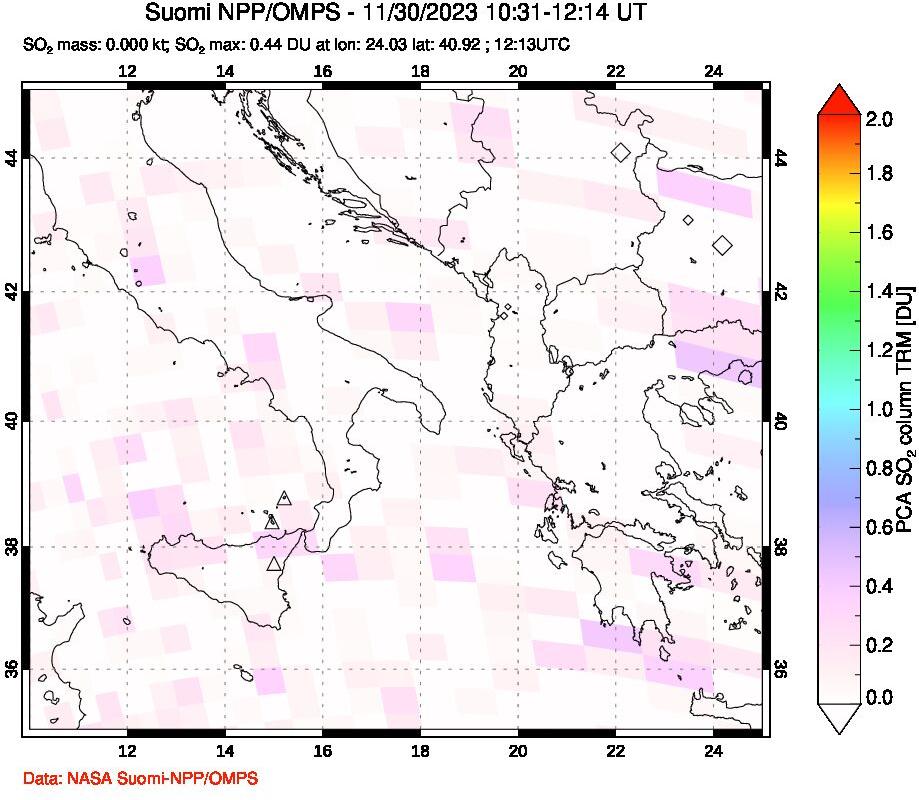 A sulfur dioxide image over Etna, Sicily, Italy on Nov 30, 2023.