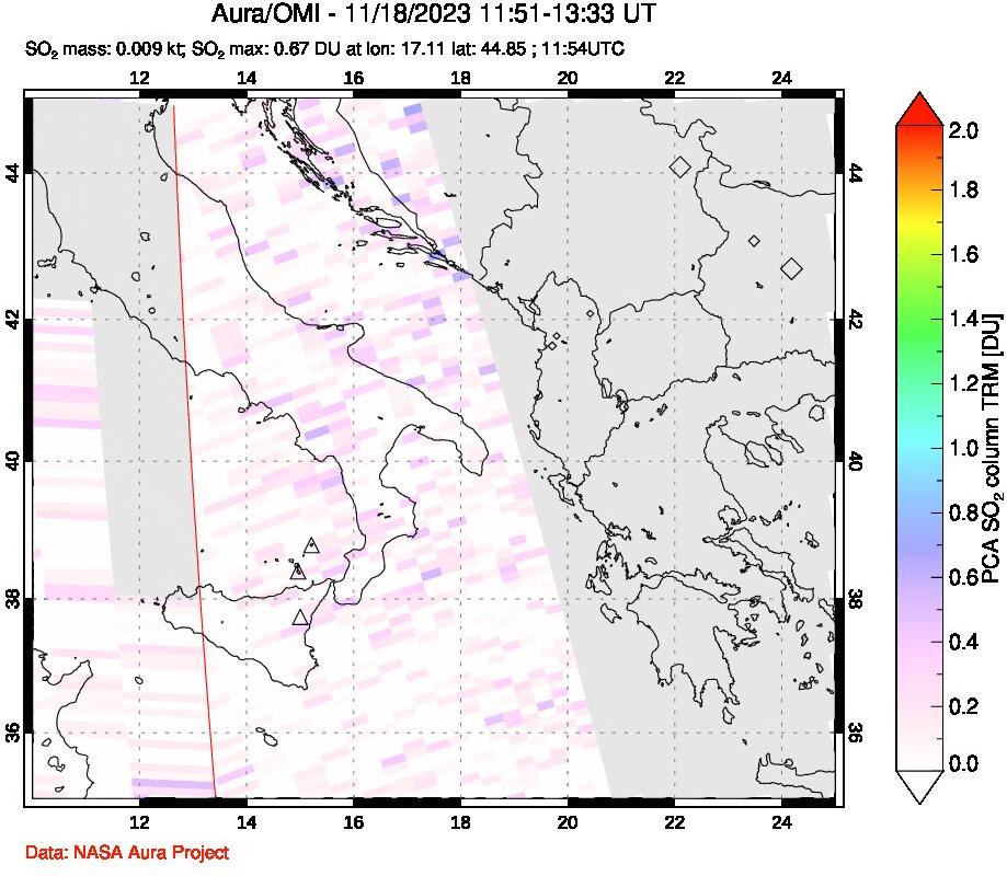 A sulfur dioxide image over Etna, Sicily, Italy on Nov 18, 2023.