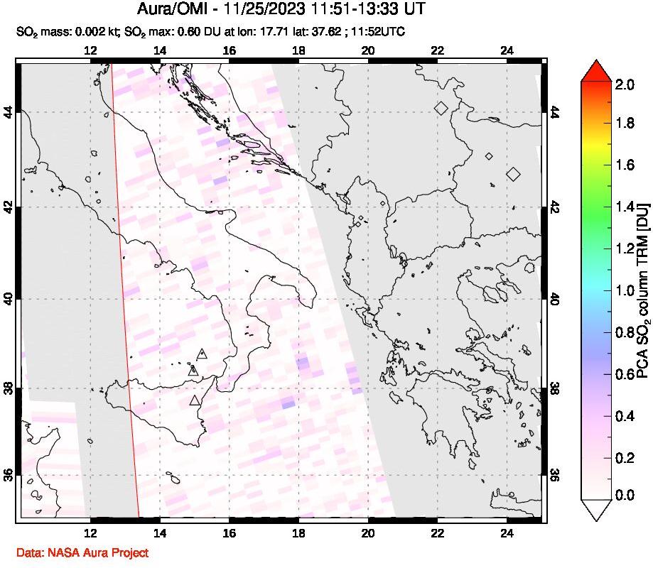 A sulfur dioxide image over Etna, Sicily, Italy on Nov 25, 2023.