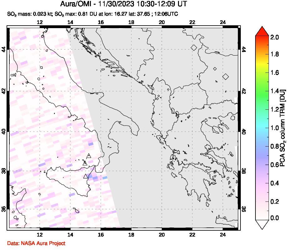 A sulfur dioxide image over Etna, Sicily, Italy on Nov 30, 2023.