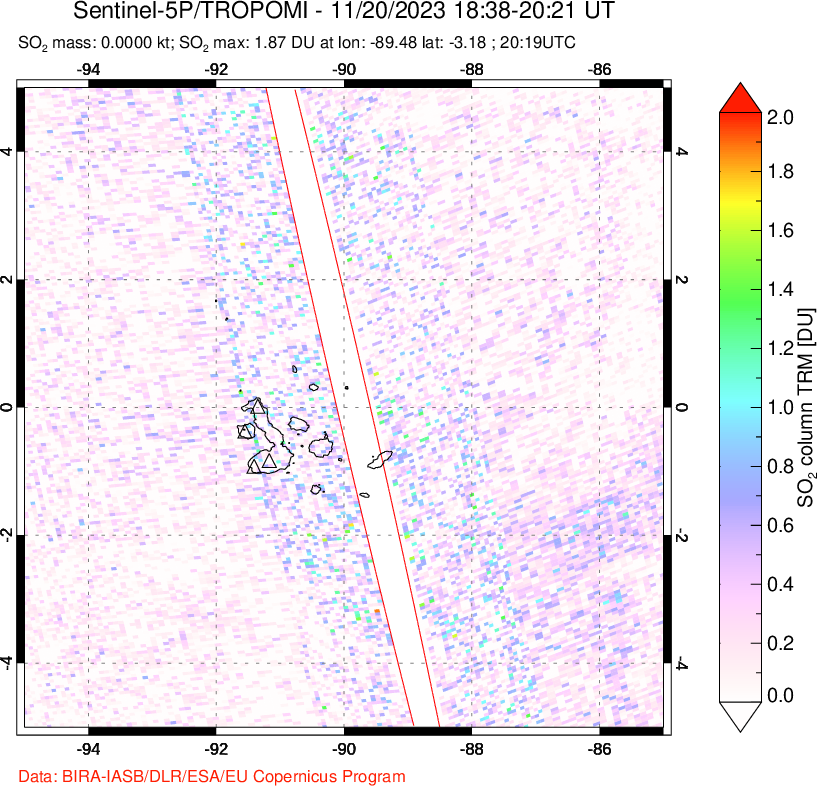 A sulfur dioxide image over Galápagos Islands on Nov 20, 2023.