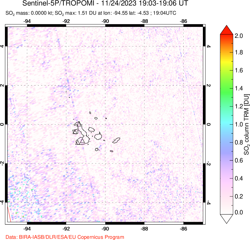 A sulfur dioxide image over Galápagos Islands on Nov 24, 2023.