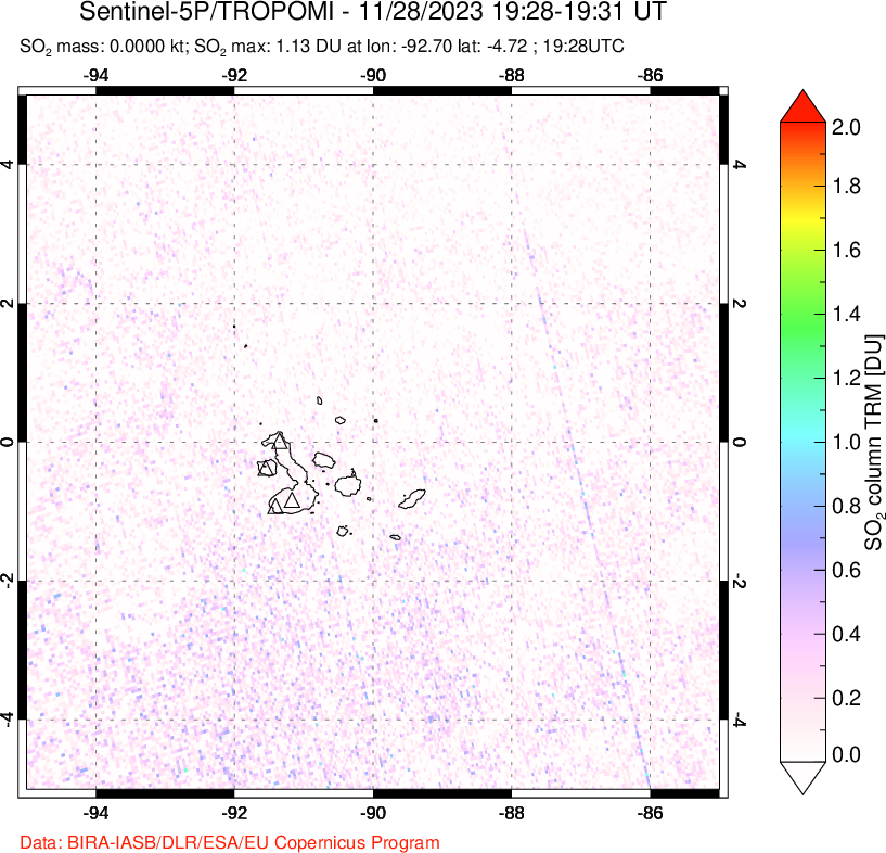 A sulfur dioxide image over Galápagos Islands on Nov 28, 2023.