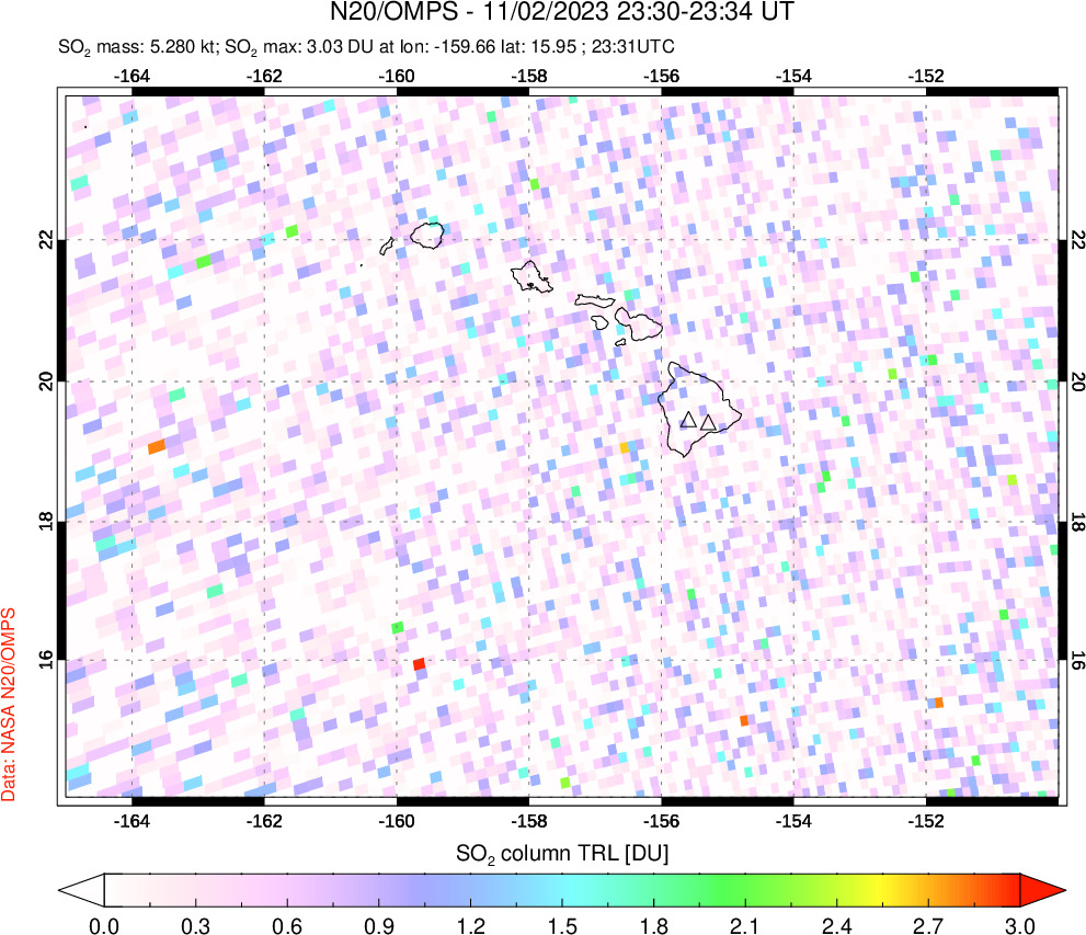 A sulfur dioxide image over Hawaii, USA on Nov 02, 2023.