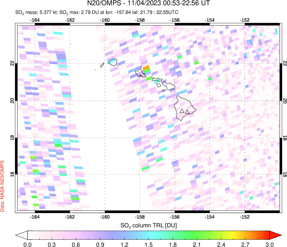 A sulfur dioxide image over Hawaii, USA on Nov 04, 2023.