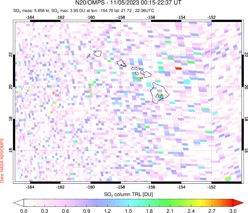 A sulfur dioxide image over Hawaii, USA on Nov 05, 2023.