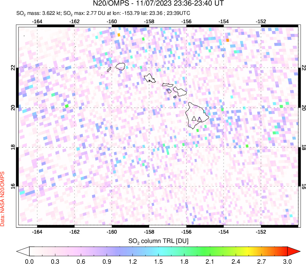 A sulfur dioxide image over Hawaii, USA on Nov 07, 2023.