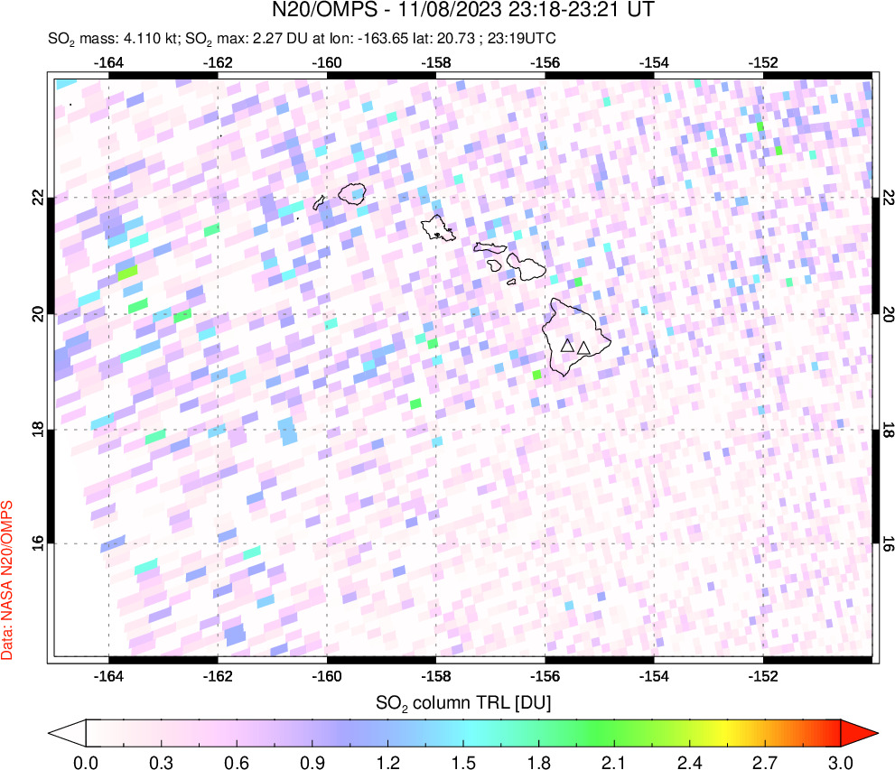 A sulfur dioxide image over Hawaii, USA on Nov 08, 2023.