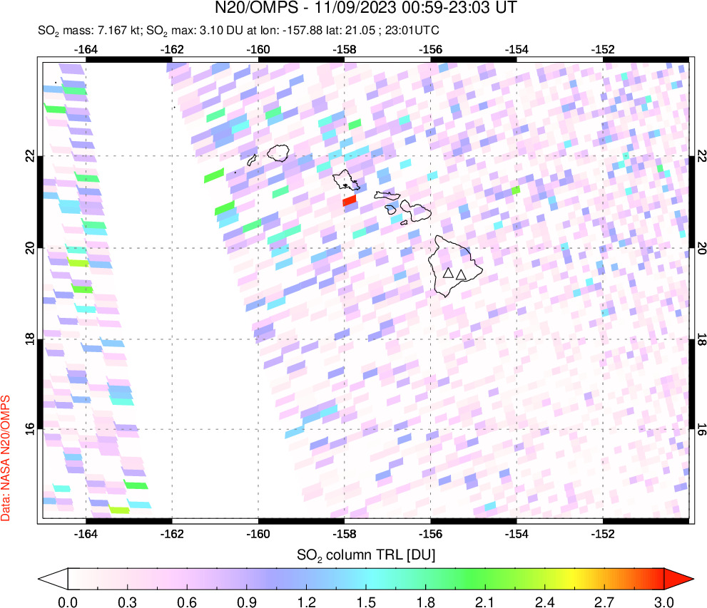 A sulfur dioxide image over Hawaii, USA on Nov 09, 2023.