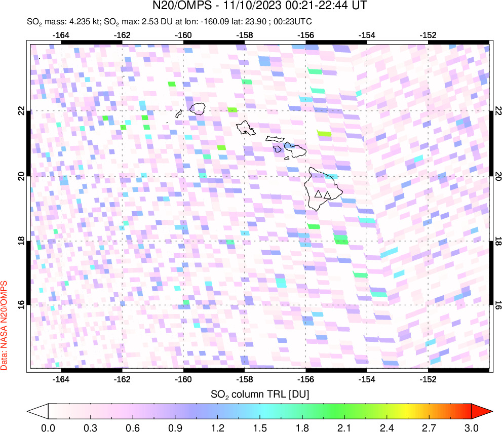 A sulfur dioxide image over Hawaii, USA on Nov 10, 2023.