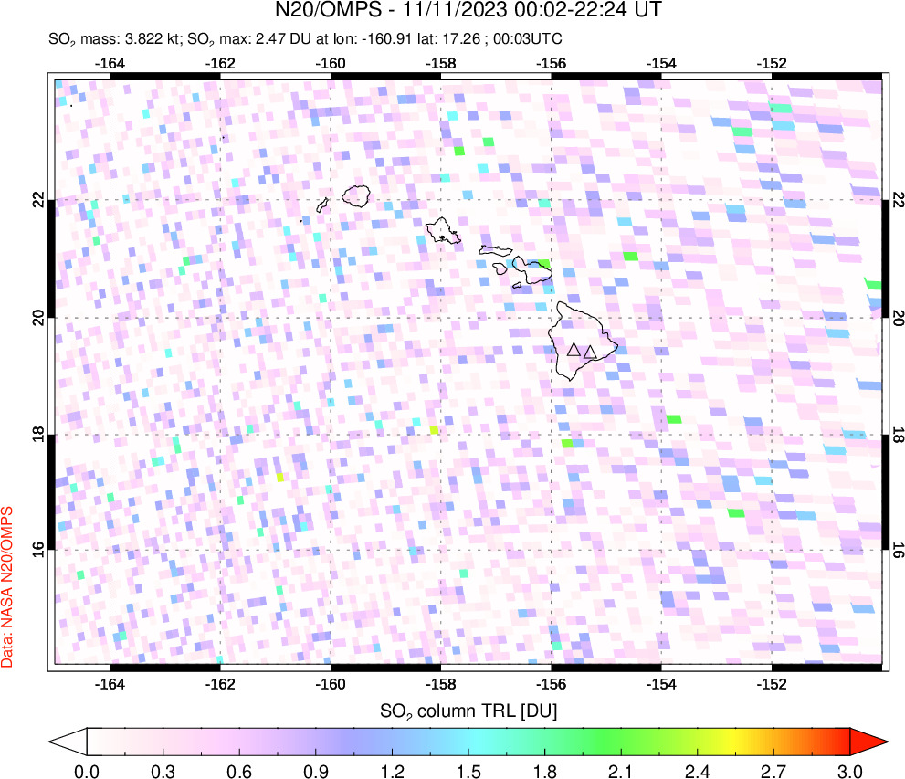 A sulfur dioxide image over Hawaii, USA on Nov 11, 2023.