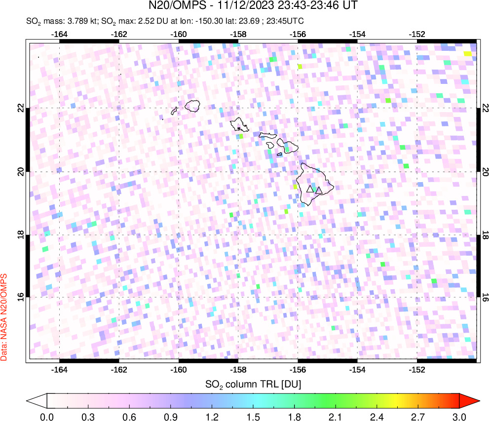 A sulfur dioxide image over Hawaii, USA on Nov 12, 2023.