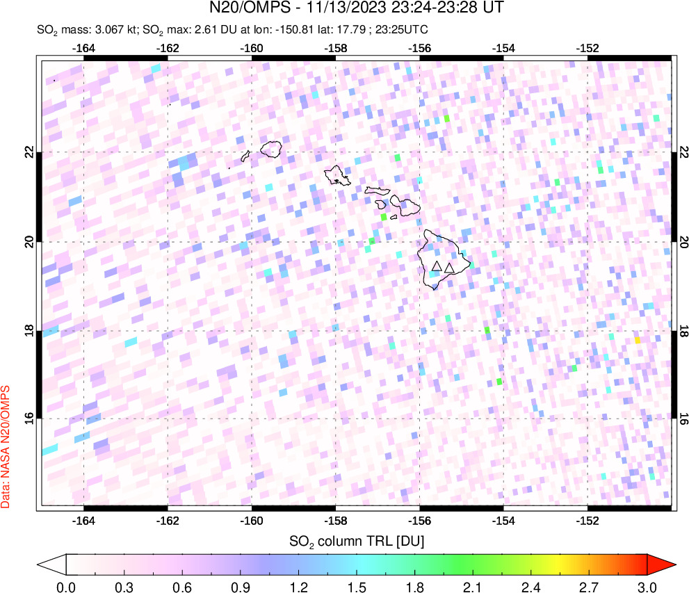 A sulfur dioxide image over Hawaii, USA on Nov 13, 2023.