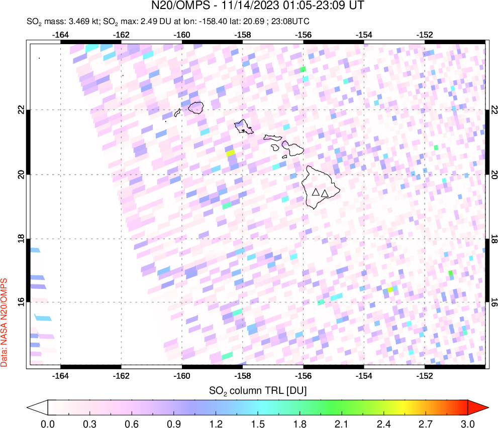 A sulfur dioxide image over Hawaii, USA on Nov 14, 2023.