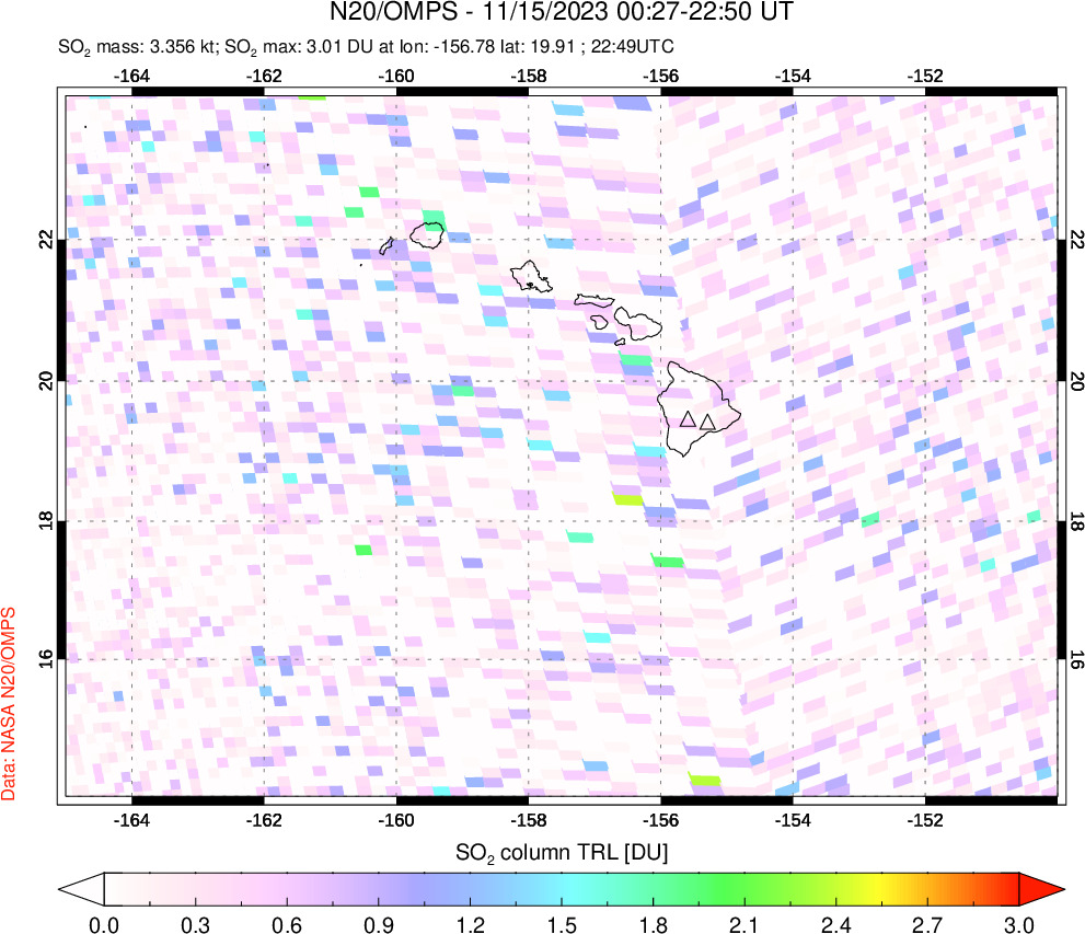 A sulfur dioxide image over Hawaii, USA on Nov 15, 2023.