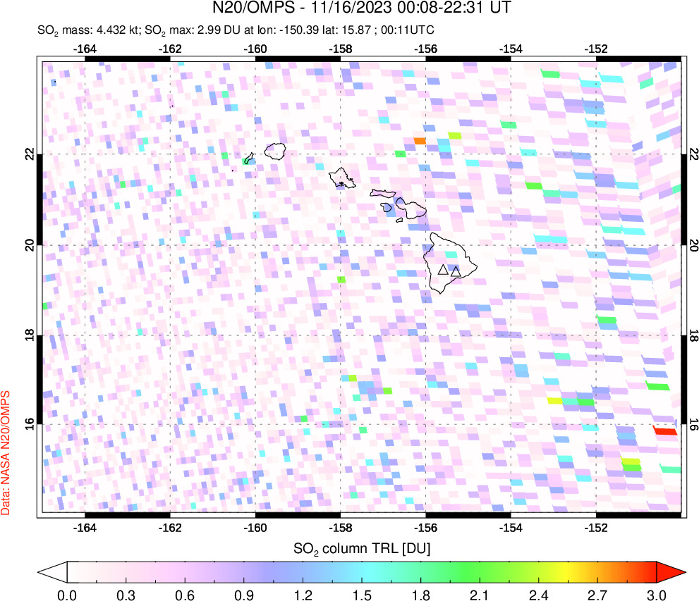 A sulfur dioxide image over Hawaii, USA on Nov 16, 2023.