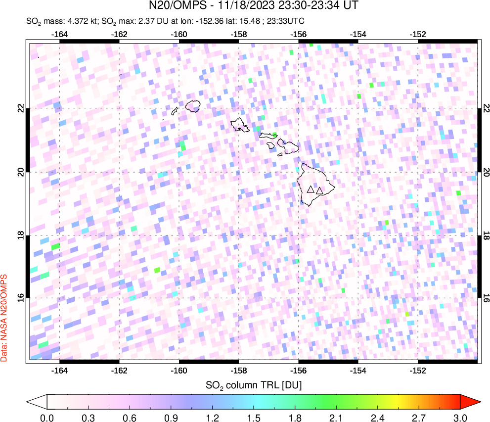 A sulfur dioxide image over Hawaii, USA on Nov 18, 2023.