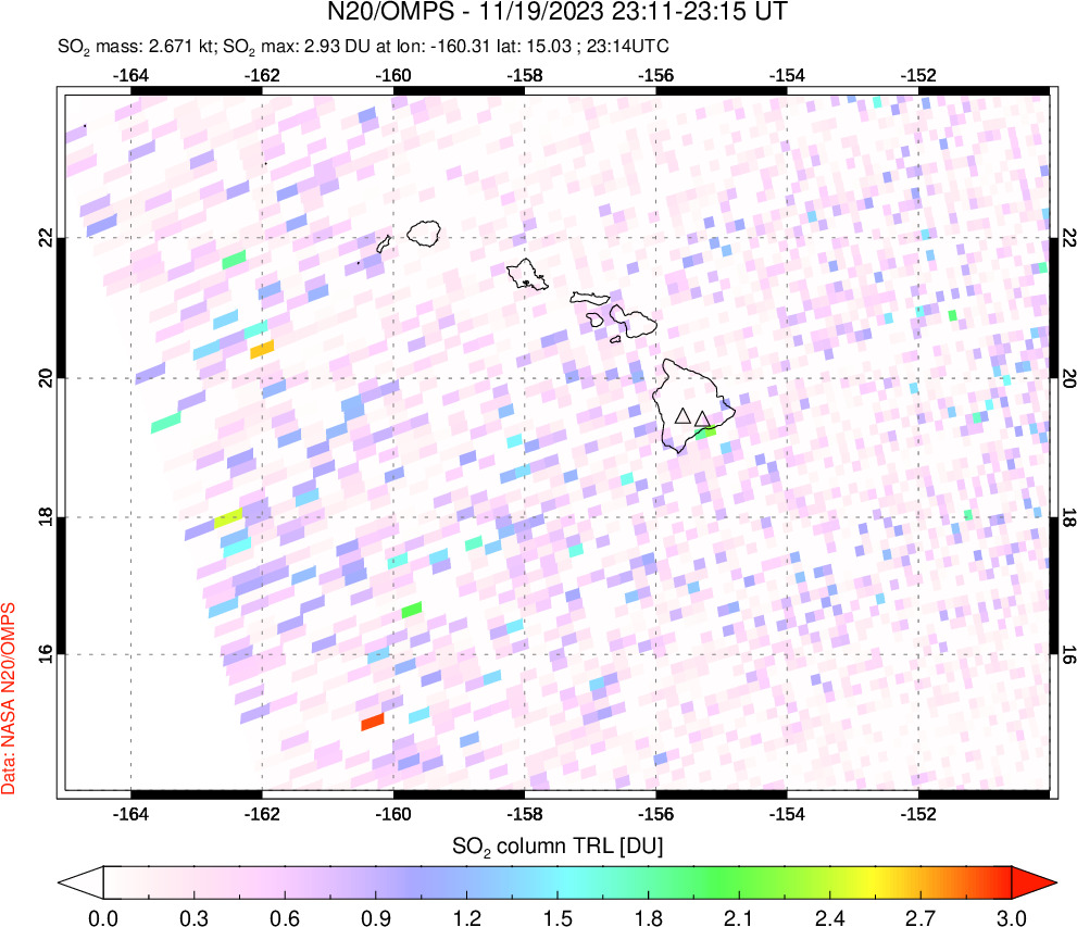 A sulfur dioxide image over Hawaii, USA on Nov 19, 2023.