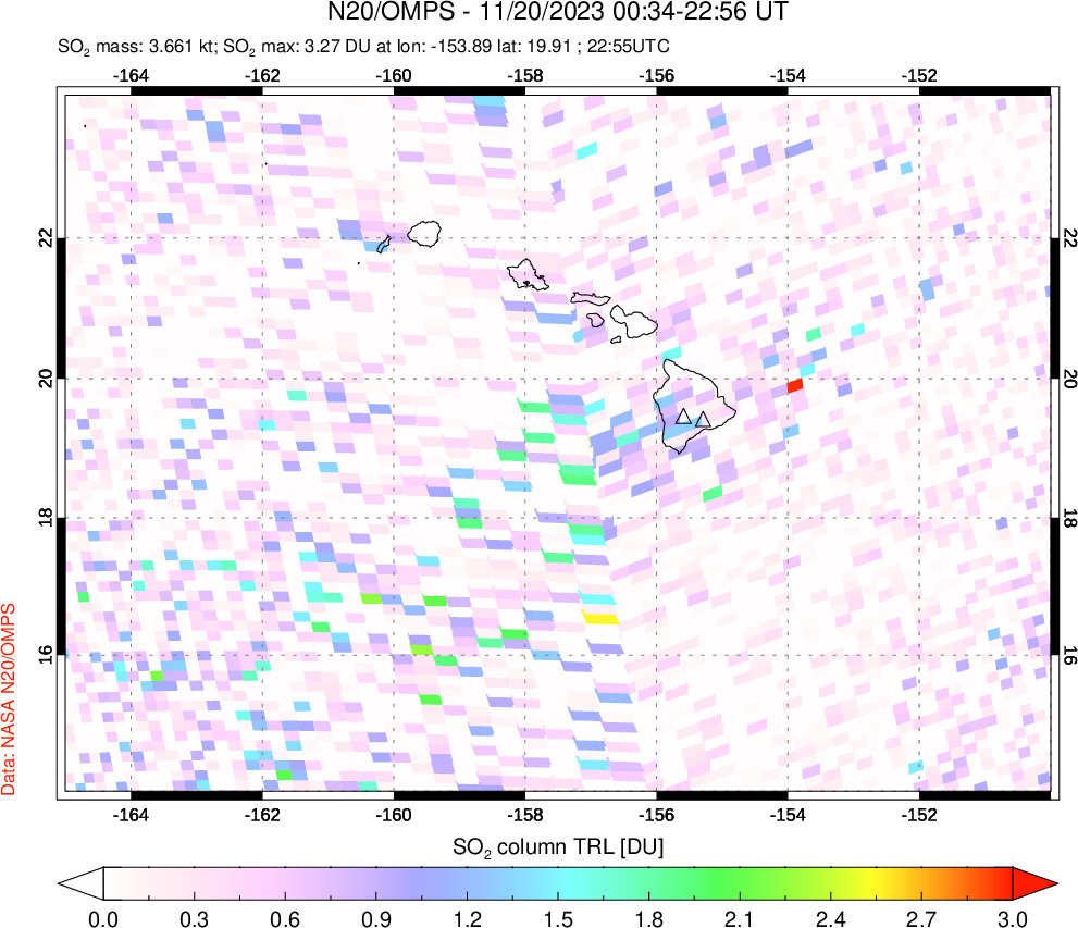 A sulfur dioxide image over Hawaii, USA on Nov 20, 2023.