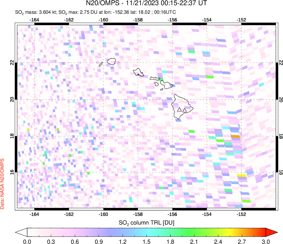 A sulfur dioxide image over Hawaii, USA on Nov 21, 2023.