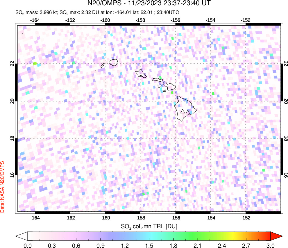 A sulfur dioxide image over Hawaii, USA on Nov 23, 2023.