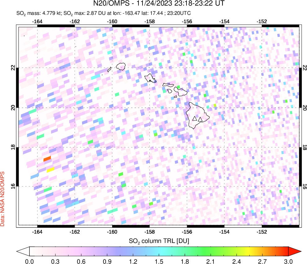 A sulfur dioxide image over Hawaii, USA on Nov 24, 2023.