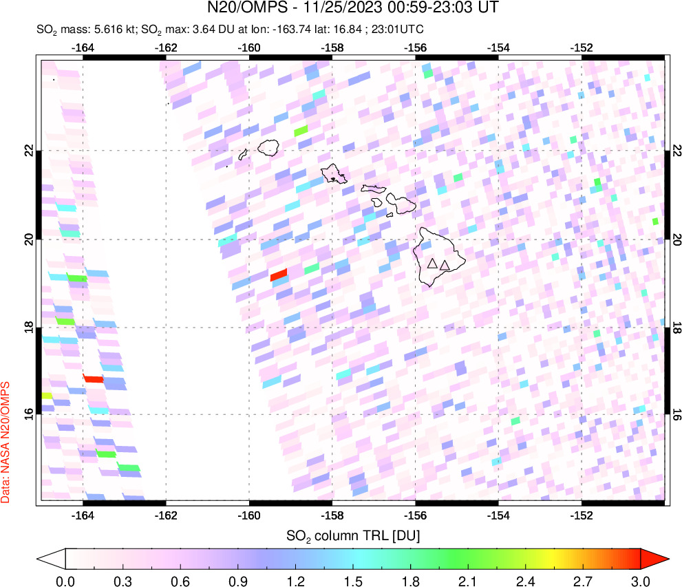 A sulfur dioxide image over Hawaii, USA on Nov 25, 2023.