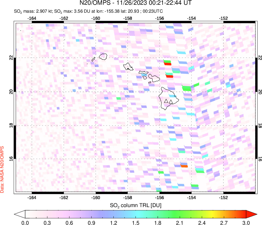 A sulfur dioxide image over Hawaii, USA on Nov 26, 2023.