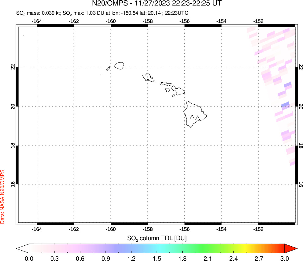 A sulfur dioxide image over Hawaii, USA on Nov 27, 2023.