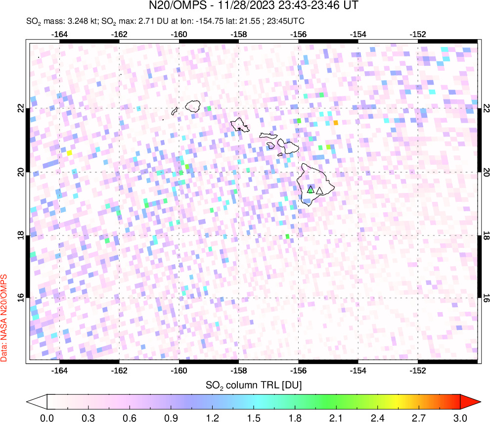 A sulfur dioxide image over Hawaii, USA on Nov 28, 2023.