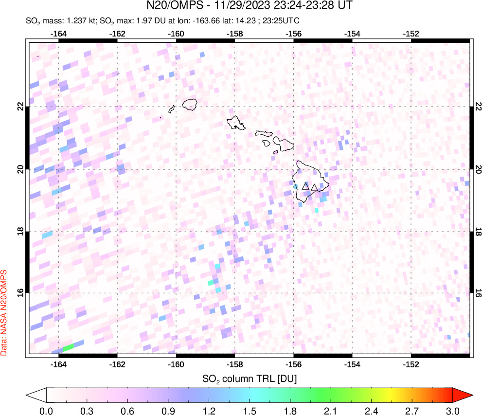 A sulfur dioxide image over Hawaii, USA on Nov 29, 2023.