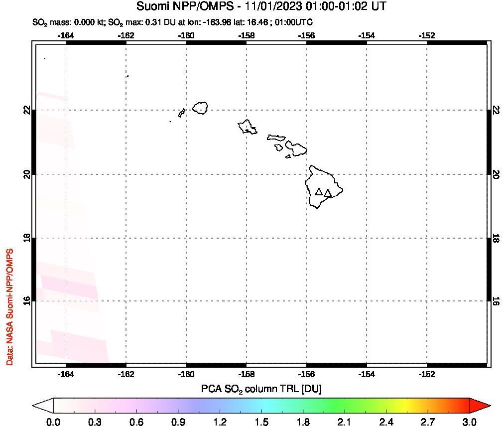 A sulfur dioxide image over Hawaii, USA on Nov 01, 2023.