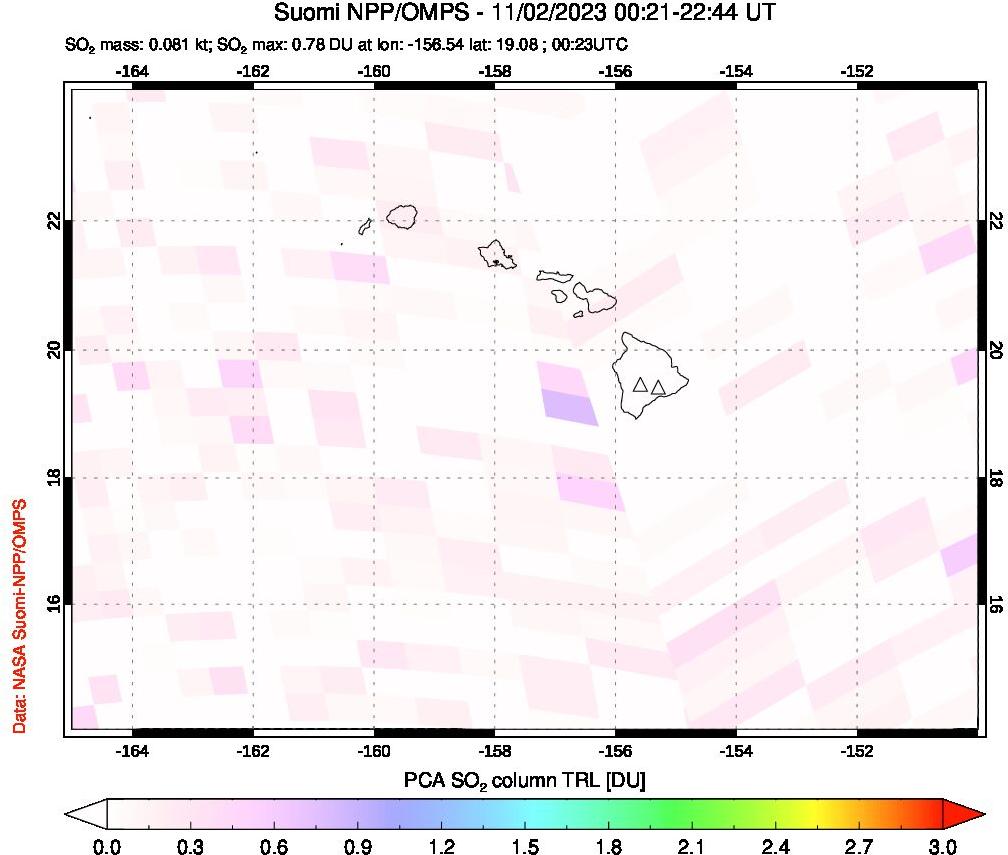 A sulfur dioxide image over Hawaii, USA on Nov 02, 2023.