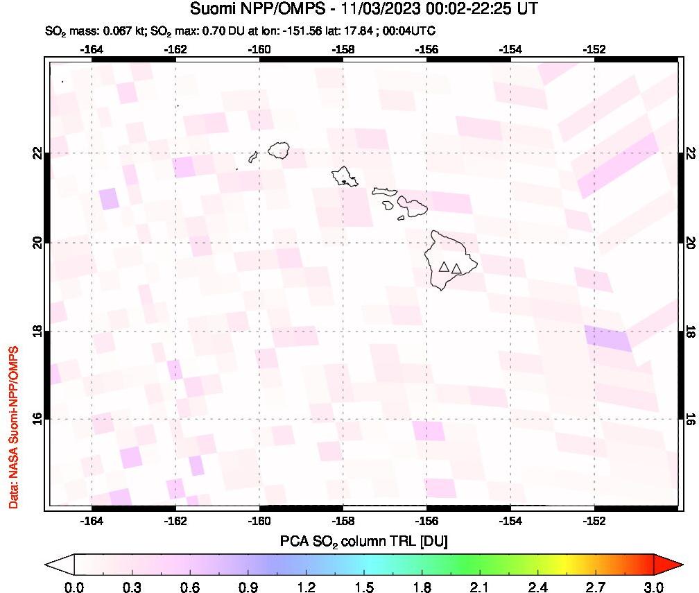 A sulfur dioxide image over Hawaii, USA on Nov 03, 2023.