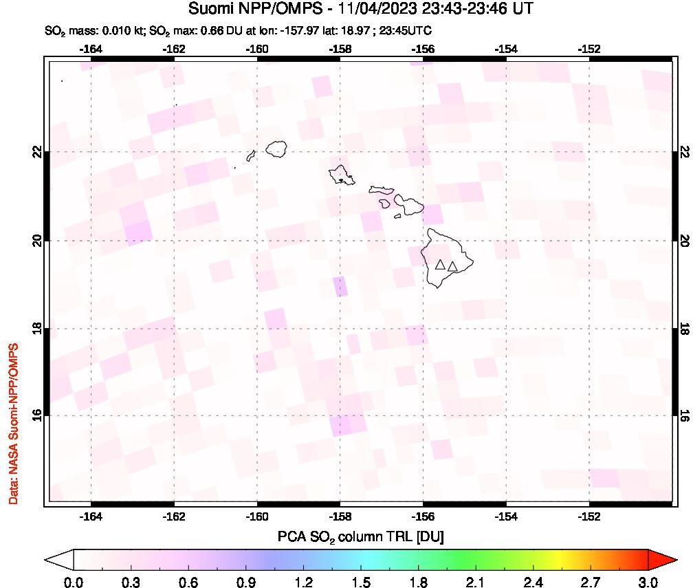 A sulfur dioxide image over Hawaii, USA on Nov 04, 2023.