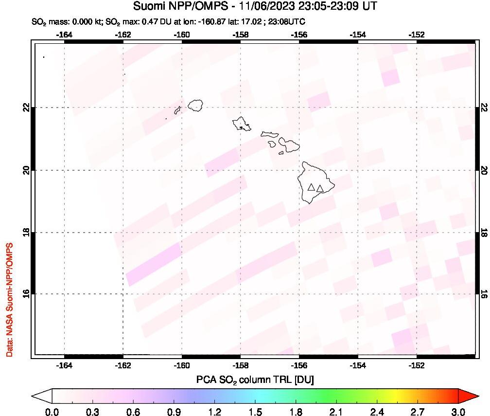 A sulfur dioxide image over Hawaii, USA on Nov 06, 2023.