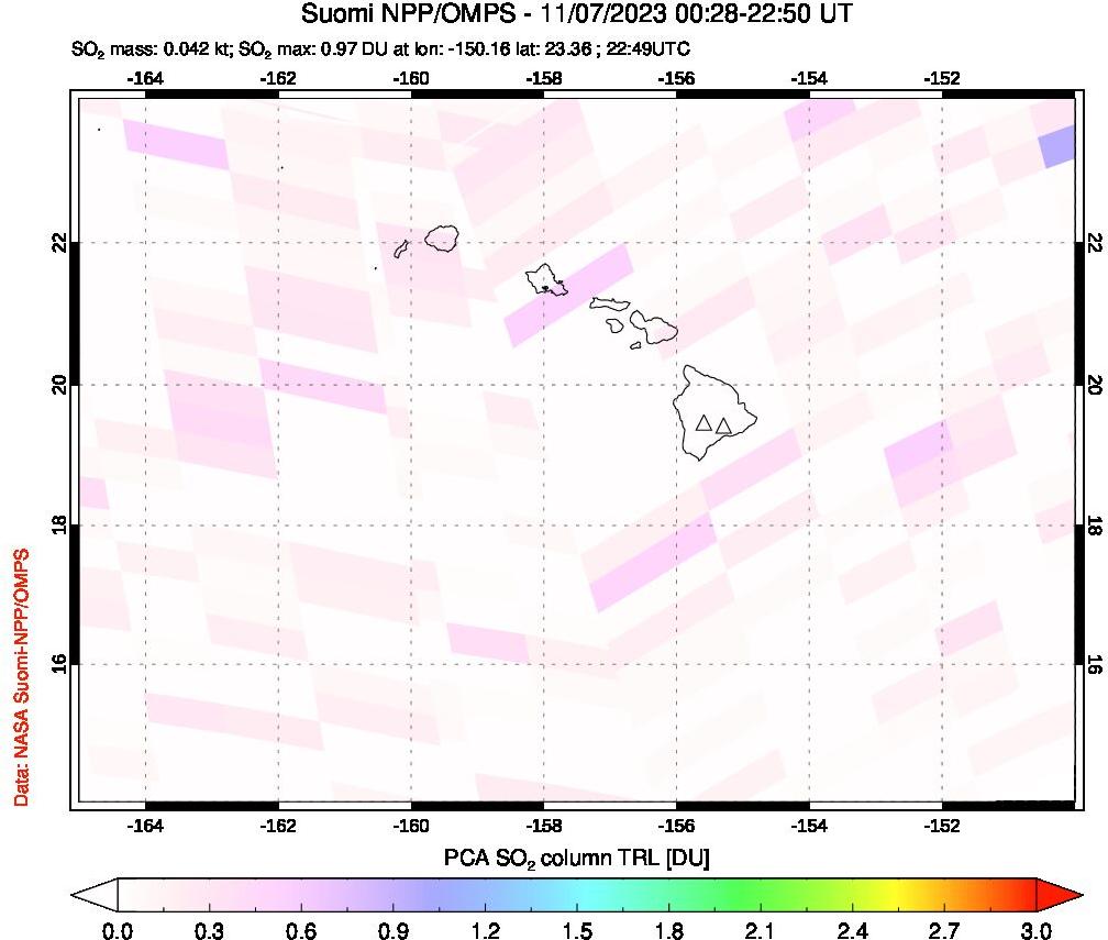 A sulfur dioxide image over Hawaii, USA on Nov 07, 2023.