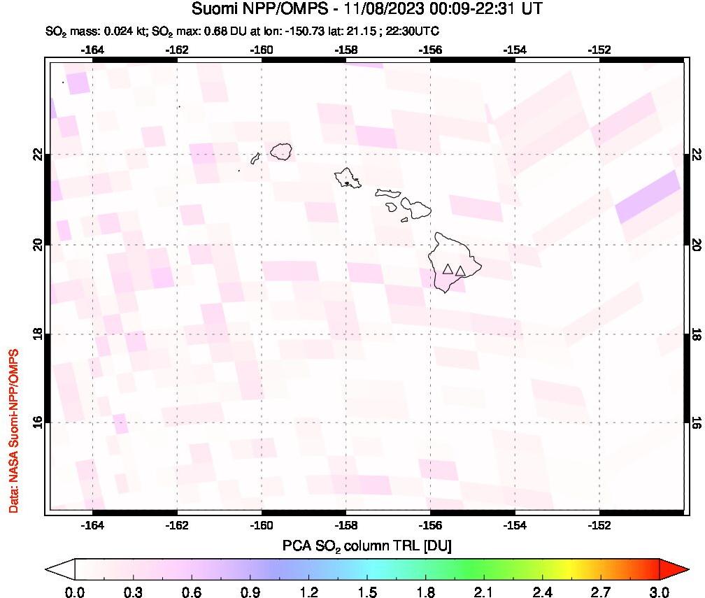 A sulfur dioxide image over Hawaii, USA on Nov 08, 2023.