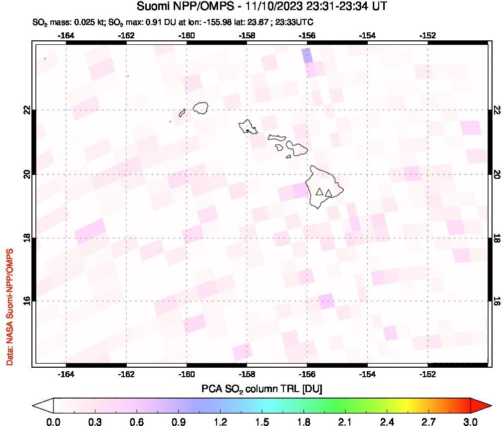 A sulfur dioxide image over Hawaii, USA on Nov 10, 2023.