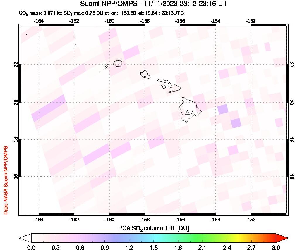 A sulfur dioxide image over Hawaii, USA on Nov 11, 2023.