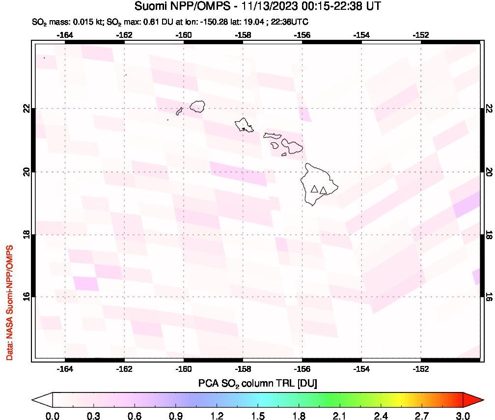 A sulfur dioxide image over Hawaii, USA on Nov 13, 2023.