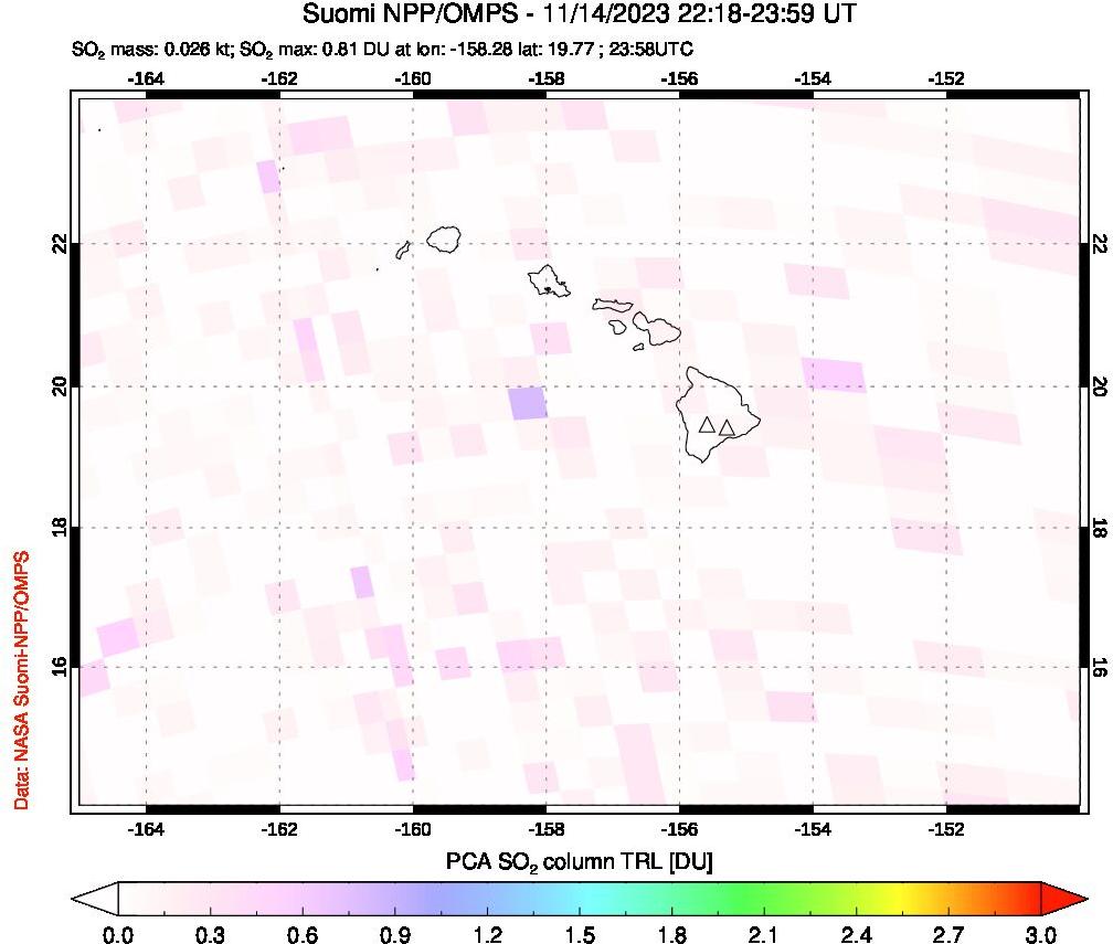 A sulfur dioxide image over Hawaii, USA on Nov 14, 2023.