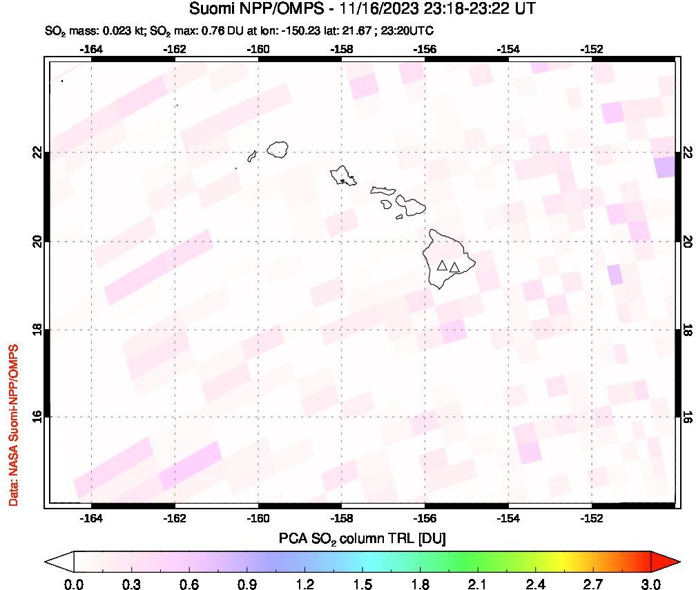 A sulfur dioxide image over Hawaii, USA on Nov 16, 2023.