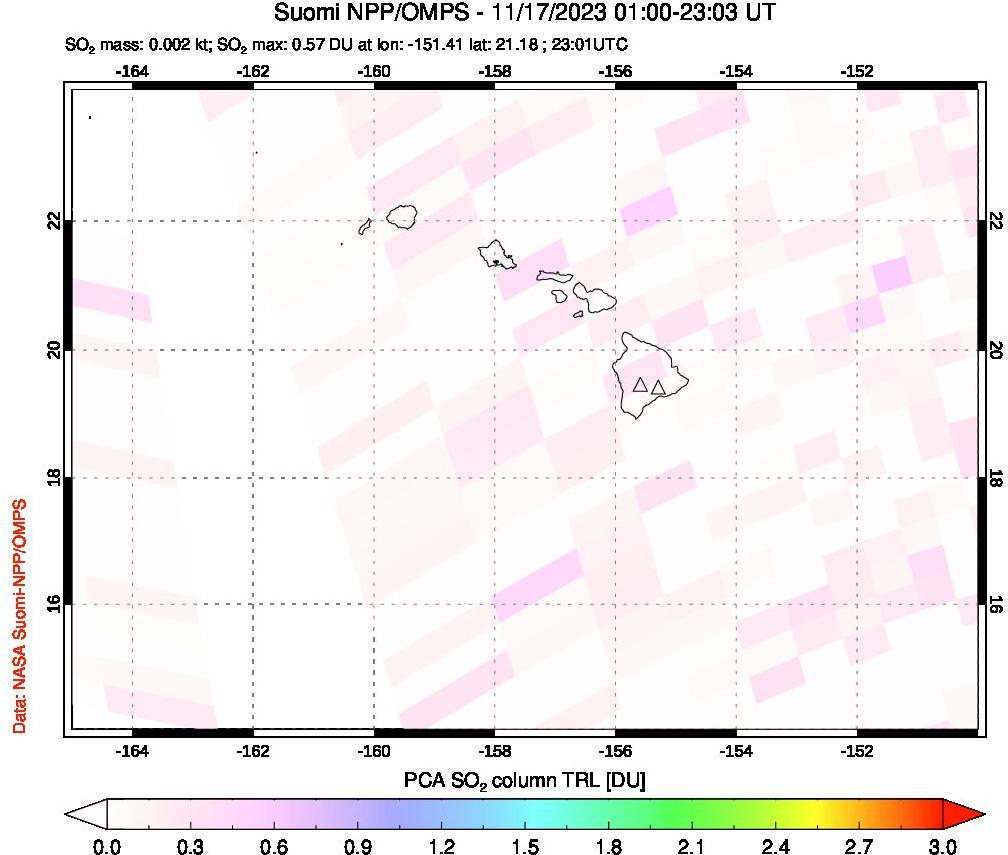 A sulfur dioxide image over Hawaii, USA on Nov 17, 2023.