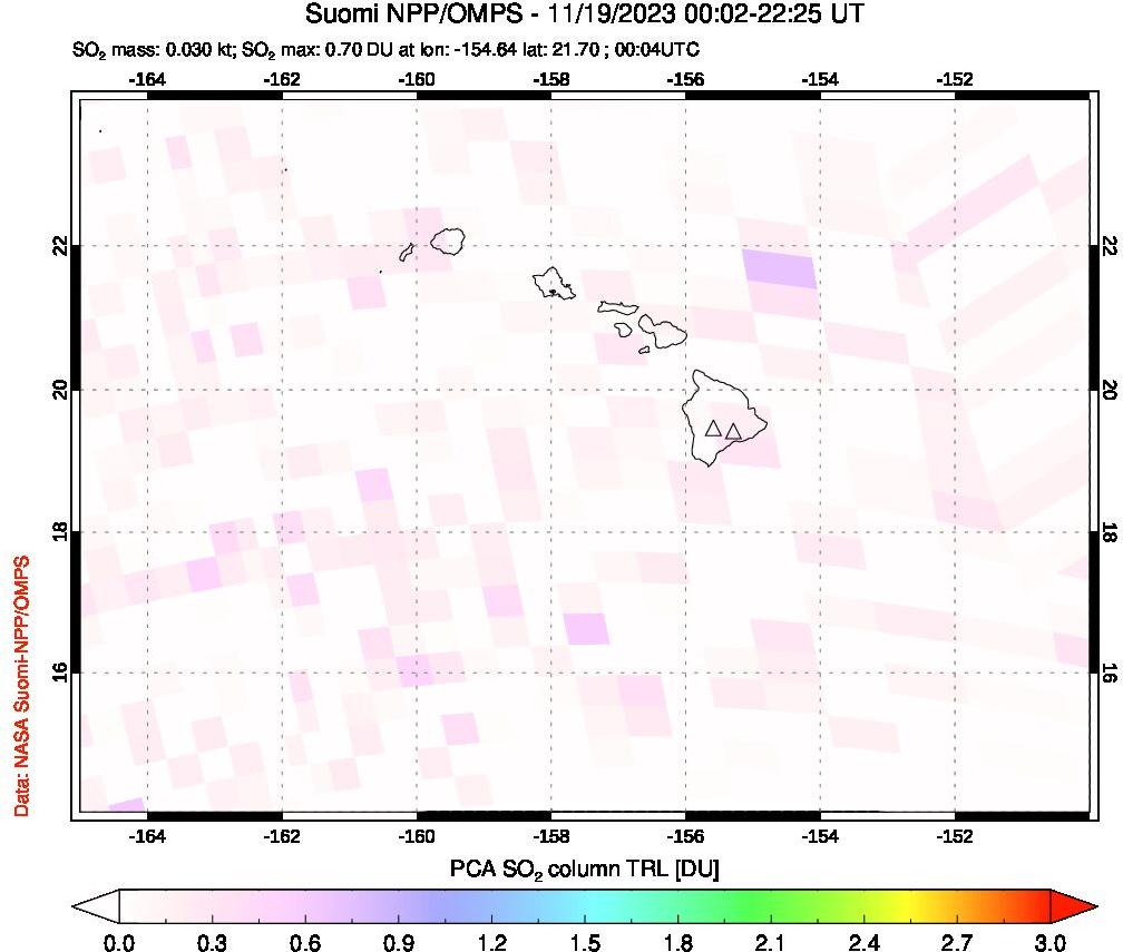 A sulfur dioxide image over Hawaii, USA on Nov 19, 2023.