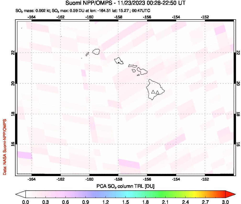 A sulfur dioxide image over Hawaii, USA on Nov 23, 2023.