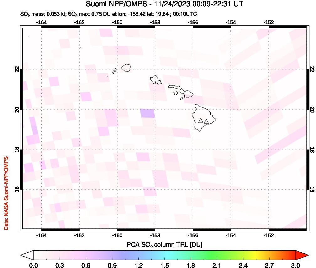 A sulfur dioxide image over Hawaii, USA on Nov 24, 2023.