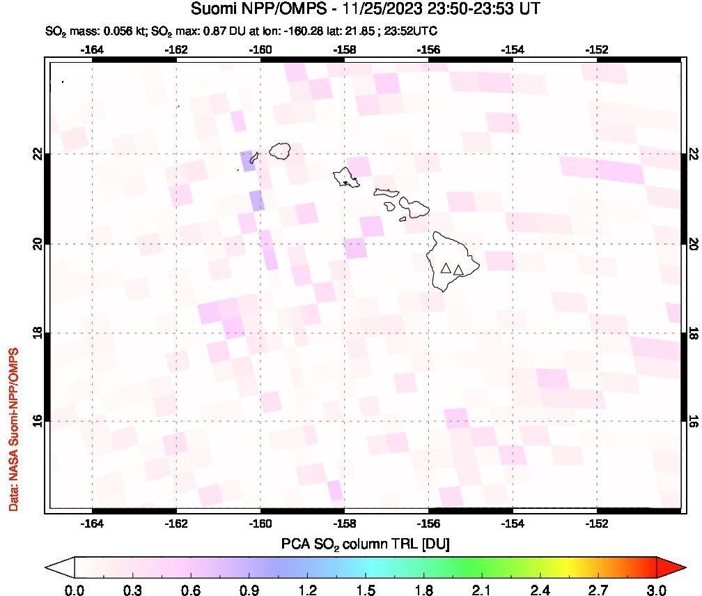 A sulfur dioxide image over Hawaii, USA on Nov 25, 2023.