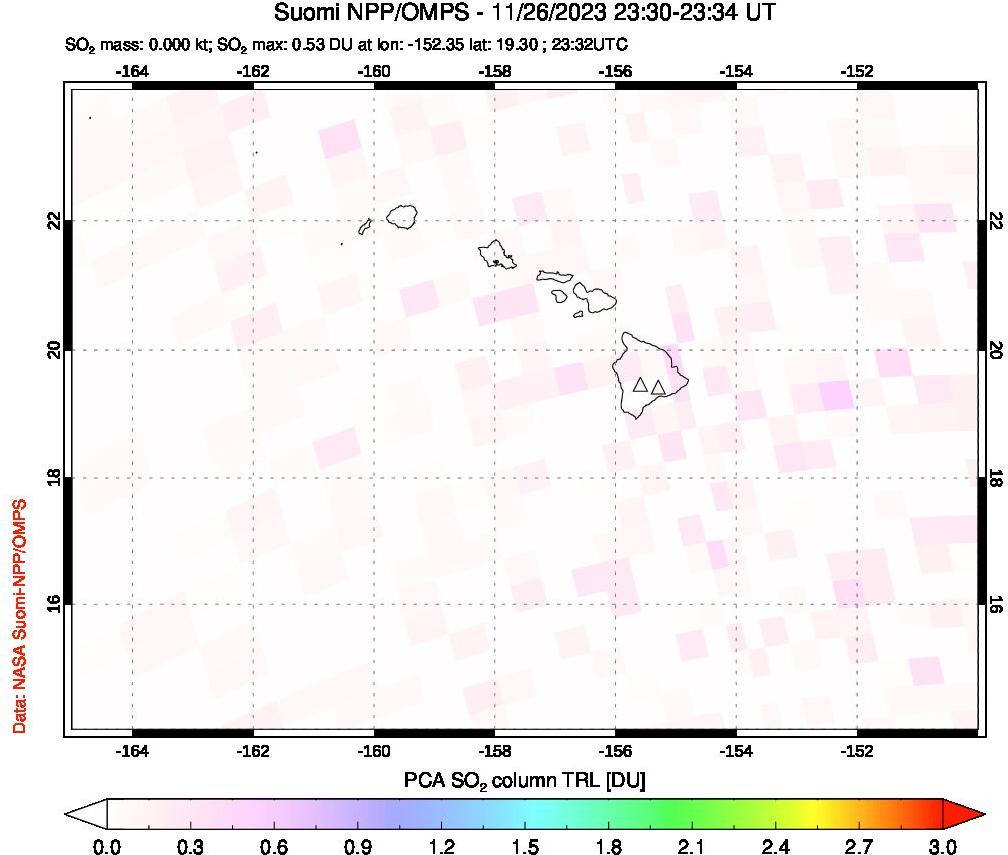 A sulfur dioxide image over Hawaii, USA on Nov 26, 2023.